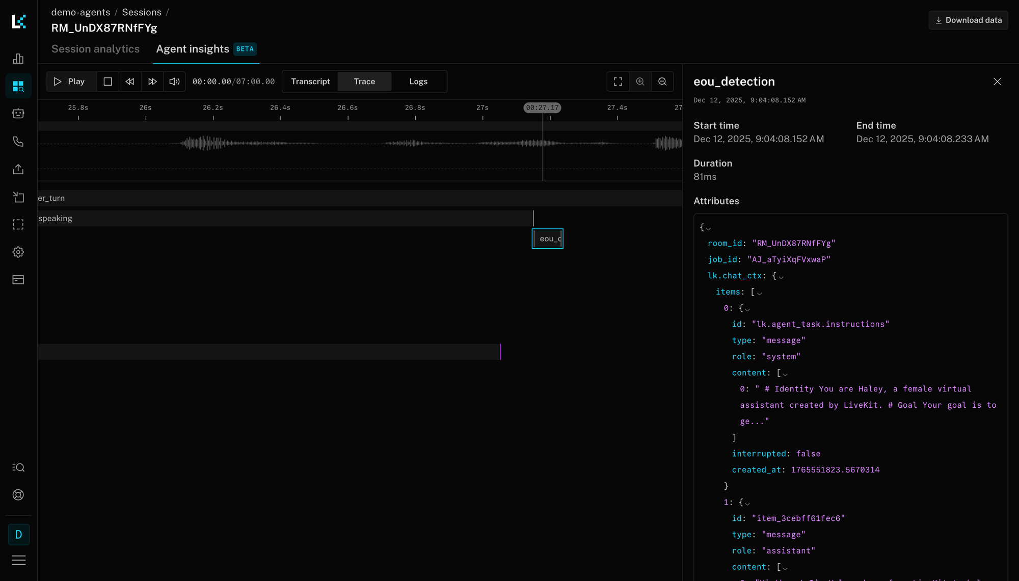 Screenshot of an eou_detection trace span with Agent Observability insights in the LiveKit Cloud dashboard